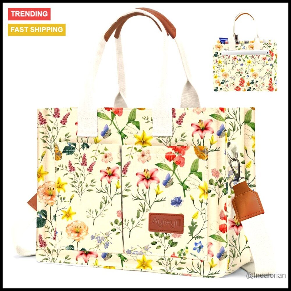 Canvas Tote Bag with Pockets Adjustable Crossbody Shoulder Bag Casual Work